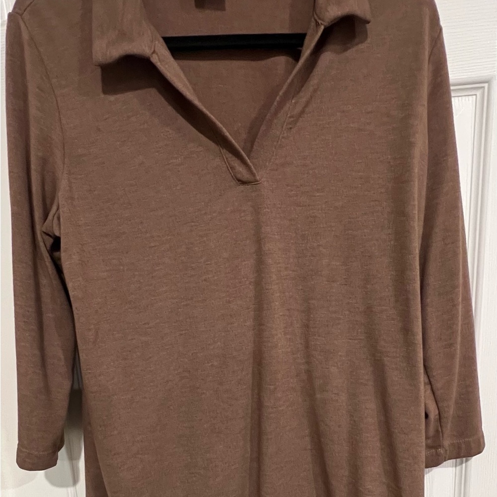 Matty M Women's Tan Half-Button Down Shirt. Size L.